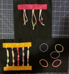 Beads on strings and ribbons, or hair ties sewn down